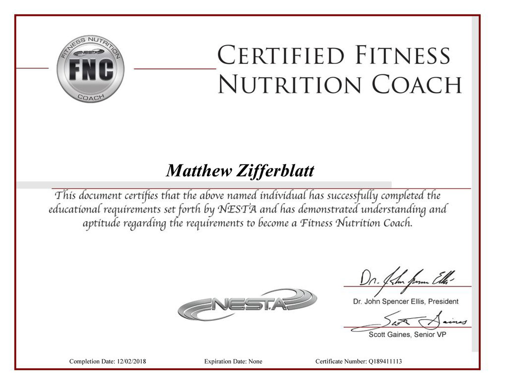 Certification for Matthew Zifferblatt - Healthy One, Inc.